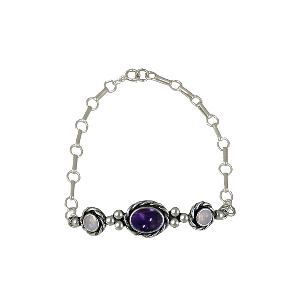 Sterling Silver Gemstone Adjustable Chain Bracelet With Iolite And Rainbow Moonstone